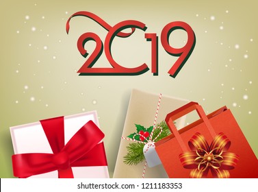 Twenty nineteen flyer design. Gift boxes with ribbons, spruce and mistletoe on beige background. Template can be used for banners, posters, sale promotion