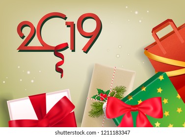 Twenty Nineteen flyer design. Red shopping bag and gift boxes with ribbons, fir and berries on beige background. Template can be used for banners, posters, sale promotion