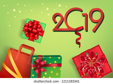 Twenty Nineteen flyer design. Shopping bag and gift boxes with ribbons and poinsettia on green background. Template can be used for banners, posters, sale promotion