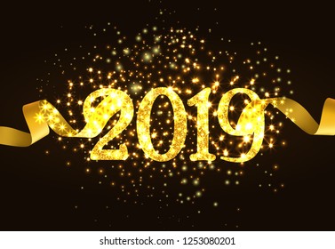 Twenty nineteen invitation design. Glittering numbers, gold ribbon on black shining background. Illustration can be used for banners, poster, greeting cards