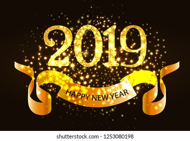 Twenty nineteen invitation design. New Year text on gold ribbon, glittering numbers on black shining background. Illustration can be used for banners, poster, greeting cards