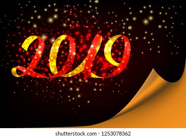 Twenty nineteen invitation design. Red and gold ribbon taking numbers shape on black sparkling background. Illustration can be used for banners, poster, greeting cards
