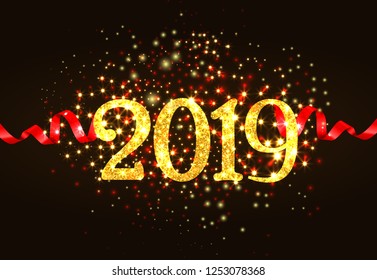 Twenty nineteen invitation design. Red streamer, sparkling numbers on black shining background. Illustration can be used for banners, poster, greeting cards