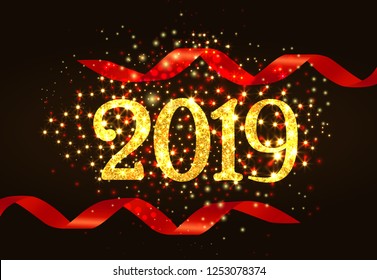 Twenty nineteen invitation design. Red ribbons, glittering numbers on black shining background. Illustration can be used for banners, poster, greeting cards