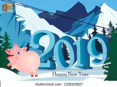 Twenty nineteen lettering with mountains, fir-trees and pig. New Year Day greeting card. Typed text, calligraphy. For leaflets, brochures, invitations, posters or banners.