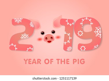 Twenty nineteen pink poster design. Pig face instead of zero and snowflakes on numbers. Illustration can be used for banners, flyers, greeting cards