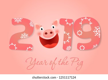 Twenty nineteen poster design. Joyful pig face instead of zero and snowflakes on pink numbers. Illustration can be used for banners, flyers, greeting cards