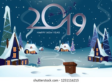 Twenty nineteen poster design. Rooftop of country house, Santa sleigh, night rural landscape, snow and Christmas trees. Illustration can be used for greeting cards, banners, posters