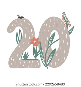 Twenty. Number 20. Abstract math kids alphabet. School child graphic vector illustration. Mathematics font design with flowers.