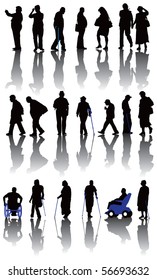 Twenty old and disabled people silhouettes. Vector illustration on white background.