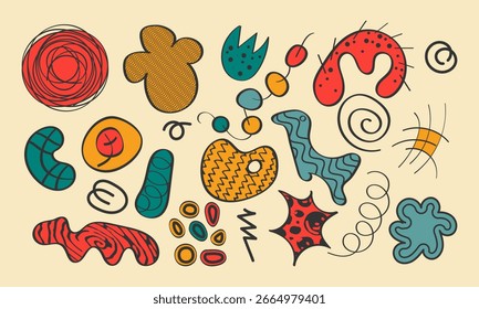Twenty one decorative objects of various shapes with and without texture. Vector set