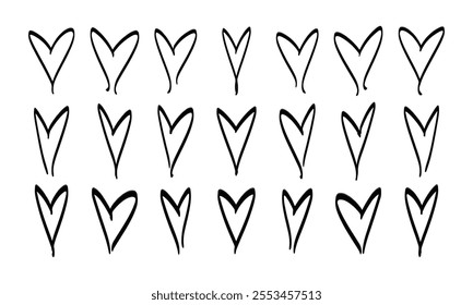 Twenty one elegant hand drawn hearts. Doodles and squiggles. Vector set