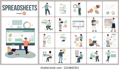 Twenty one flat compositions with people using spreadsheets for presentation analysis and report cartoon vector illustration