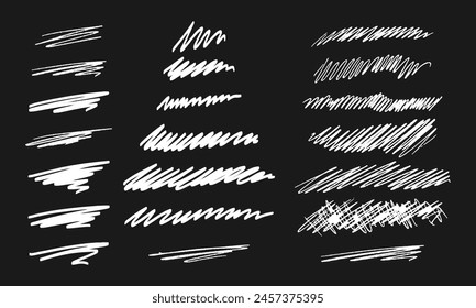 Twenty one handwritten doodles. Collection of randomly drawn white squiggles on a black background. Vector set