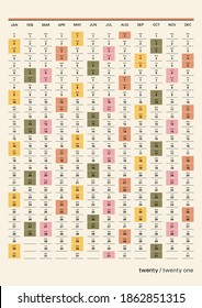 Twenty and twenty one vertical calendar. Design and concept wall vertical calendar 2021 in a retro style. Printable vector colorful grid calendar 2021. Creative style for print. Isolated background.