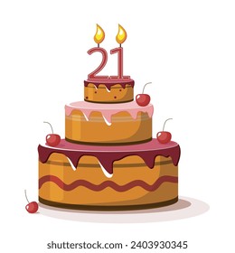 Twenty one year anniversary. Vector birthday cake. Holiday cake with candle.  Big chocolate cake. Twenty one  year old. Twenty one party. Big delicius cake. Full  majority.
