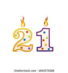 Twenty one years anniversary, 21 number shaped birthday candle with fire isolated on white