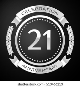 Twenty one years anniversary celebration with silver ring and ribbon on black background. Vector illustration