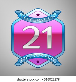 Twenty one years anniversary celebration silver logo with blue ribbon and purple hexagonal ornament on grey background.