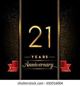 twenty one years anniversary celebration logotype. 21st anniversary logo with confetti golden colored and red ribbon isolated on black background, vector design for greeting card and invitation card