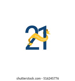 Twenty One Years Anniversary with Yellow Ribbon. 21st Logo Celebration Isolated on White Background