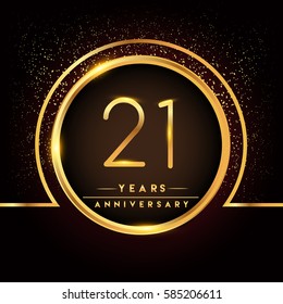 twenty one years birthday celebration logotype. 21st anniversary logo with confetti and golden ring isolated on black background, vector design for greeting card and invitation card.