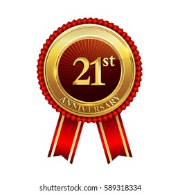 twenty one years birthday celebration logotype. 21st years anniversary golden badge with red ribbons isolated on white background, vector design for greeting card, banner and invitation card.