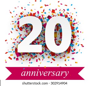 Twenty paper sign over confetti. Vector holiday anniversary illustration. 
