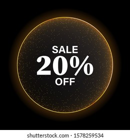 Twenty percent discount. Gold numbers with gold glitter particles on a black background