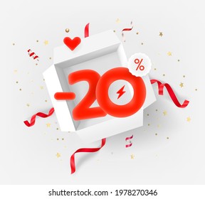 Twenty percent discount vector banner with white opened box and red elements
