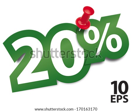 Twenty percent sticker fixed by a thumbtack. Vector illustration