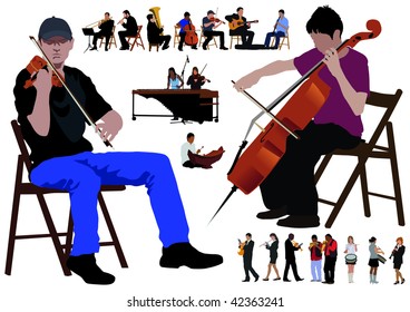 Twenty performing musicians. Separated poses over white background. Color vector illustration.