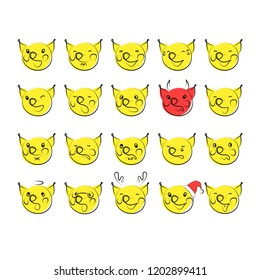 Twenty picture set of cute pig face. Hand drawn vector illustration for symbol chinese new year 2019. Personal emotion appearance image of smile funny boar.