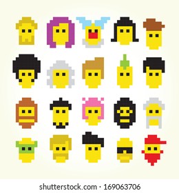 Twenty pixel art faces isolated vector set