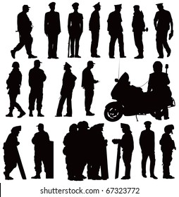 Twenty policeman black silhouettes. Vector illustration on white background