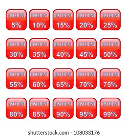 Twenty red buttons of a discount on a white background
