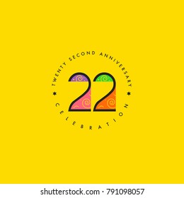 Twenty Second 22nd Years Anniversary Celebration Logo Design, Number 22 Icon Vector Template.
