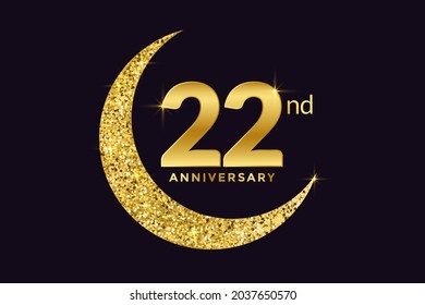 Twenty Second Anniversary Celebration Golden Emblem in Black Background. Number 22 Luxury Style Banner Isolated Vector.