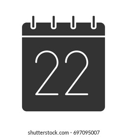 Twenty second day of month glyph icon. Date silhouette symbol. Wall calendar with 22 sign. Negative space. Vector isolated illustration