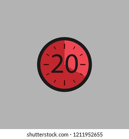 Twenty Seconds Clock on gray background. Stopwatch icon in flat style, red timer. Sport clock. Vector design element for you project. Vector illustration EPS 10.