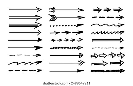 Veintisiete flechas dibujadas a mano surtidas. Garabatos y garabatos. Conjunto de Vectores