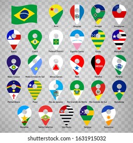 Twenty seven flags states of Brazil  - alphabetical order with name.  Set of 2d geolocation signs like flags states of Brazil.  Twenty seven geolocation signs for your design, logo. EPS10.