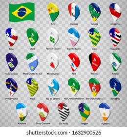 Twenty seven flags states of Brazil  - alphabetical order with name.  Set of 3d geolocation signs like flags states of Brazil.  Twenty seven 3D geolocation signs for your design, logo. EPS10.