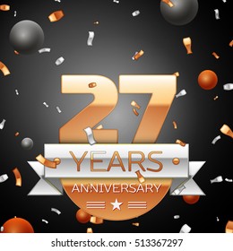 Twenty seven years anniversary celebration background with silver ribbon confetti and circles. Anniversary ribbon. Vector illustration.