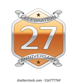 Twenty seven years anniversary celebration silver logo with silver ribbon and golden hexagonal ornament on white background.