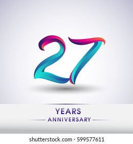 twenty seven years anniversary celebration logotype blue and red colored, 27th birthday logo on white background