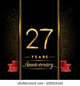 twenty seven years anniversary celebration logotype. 27th anniversary logo with confetti golden colored and red ribbon isolated on black background, vector design for greeting card and invitation card