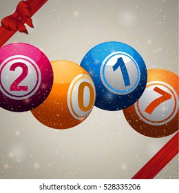 Twenty Seventeen Bingo Balls Over Glowing Festive Background with Ribbons and Bow