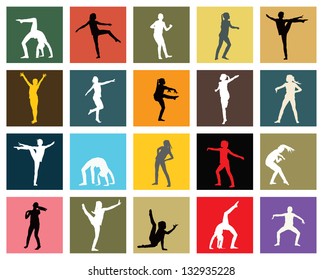 Twenty silhouettes of young girl professionally dancing jazz.