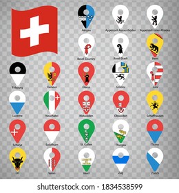 26 Flaggen die Provinzen der Schweiz - alphabetische Reihenfolge mit Namen.  Set von 2D Geolocation Zeichen wie Flaggen Kantone der Schweiz.  26 2D Geolokations-Zeichen für Ihr Design. EPS10